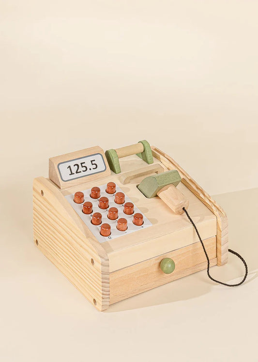 wooden cash register toy with drawer and scanner