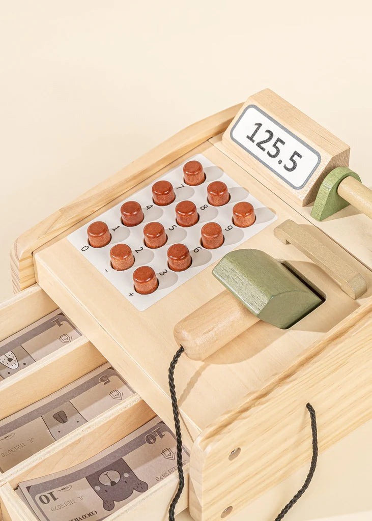 wooden cash register toy close-up, from Cocovillage