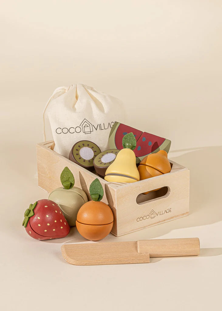 Wooden fruits playset from Cocovillage with knife, strawberry, orange, pear, kiwi