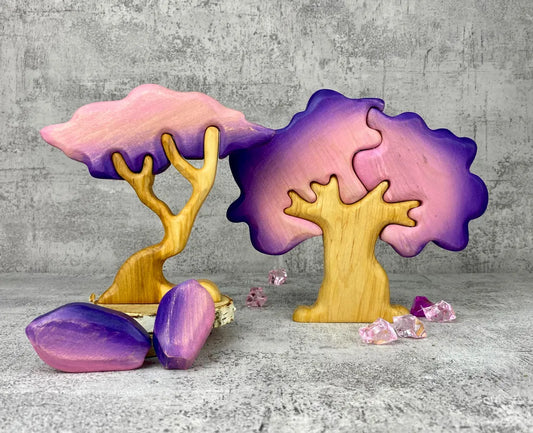 7 piece pink and purple wooden trees with 2 pink stones
