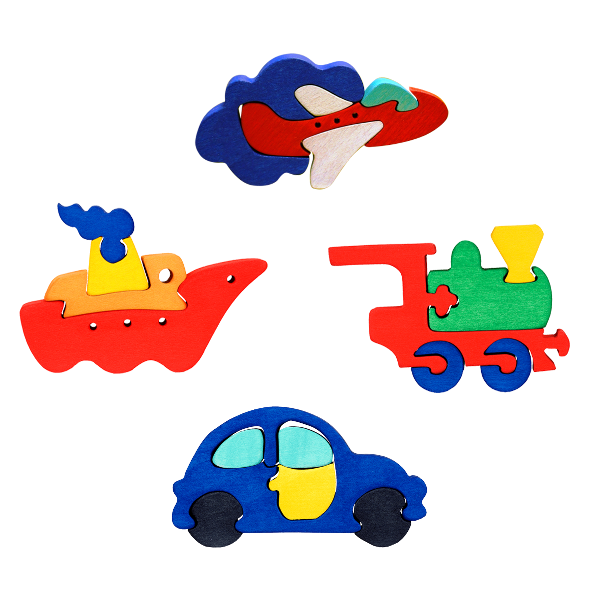 Wooden vehicle puzzle with colourful car, aeroplane, train and ship