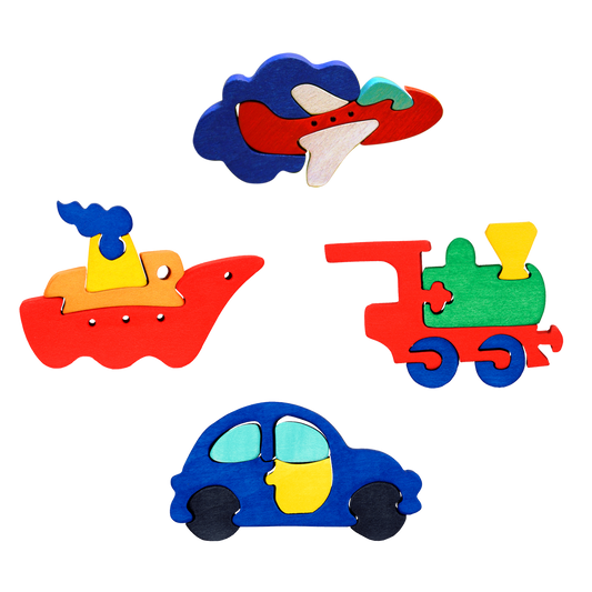 Wooden vehicle puzzle with colourful car, aeroplane, train and ship