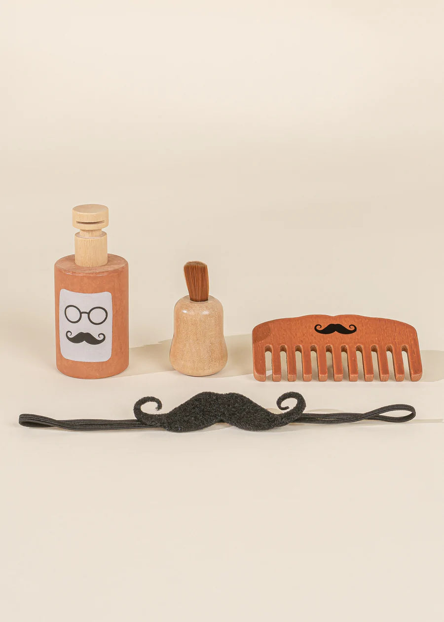 Comb, spray bottle and moustache in this delightful barber playset