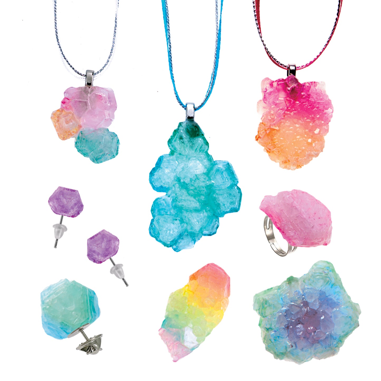 examples of necklaces, rings and earrings using the crystals growing and painting kit from faber castell