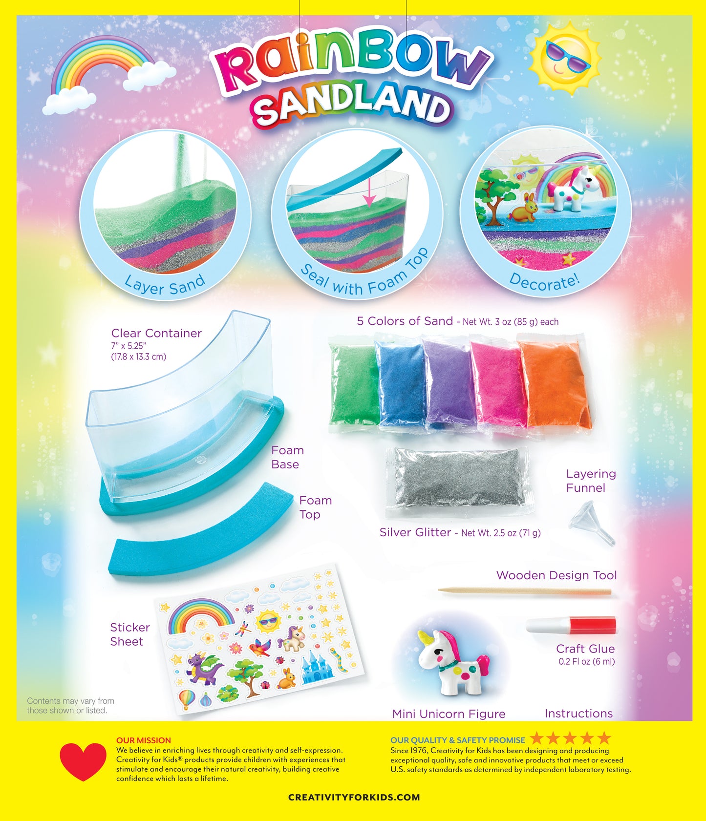 faber casetll rainbow sandland kit contents with clear container, coloured sand, stickers and wooden design tool