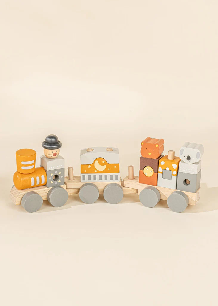 Wooden stacking toy train from Cocovillage in orange and grey with Koala and clown, alternate view.