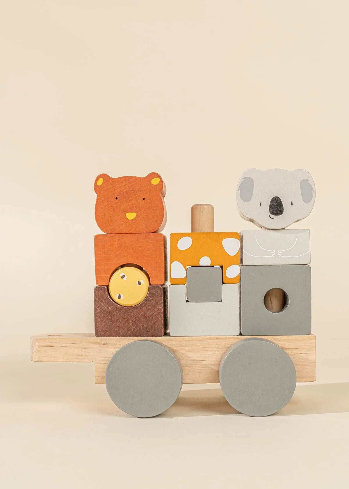 Koala and bear on a wooden stacking toy train by Cocovillage