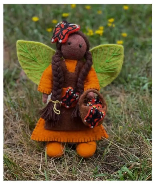 Butterfly handmade fairy doll with dark skin and orange gown from Himalayan Felt Co