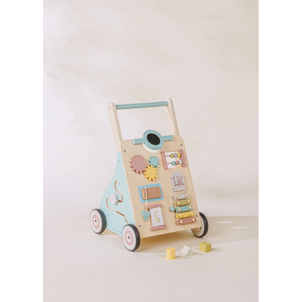 Colourful and stylish cocovillage wooden walker with xylophone and gears and doubles as a busy board!