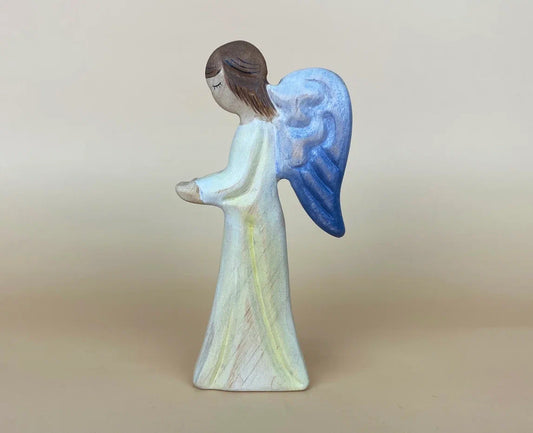 Hand-made wooden angel toy figurine with wings and hands held out- for fantasy play