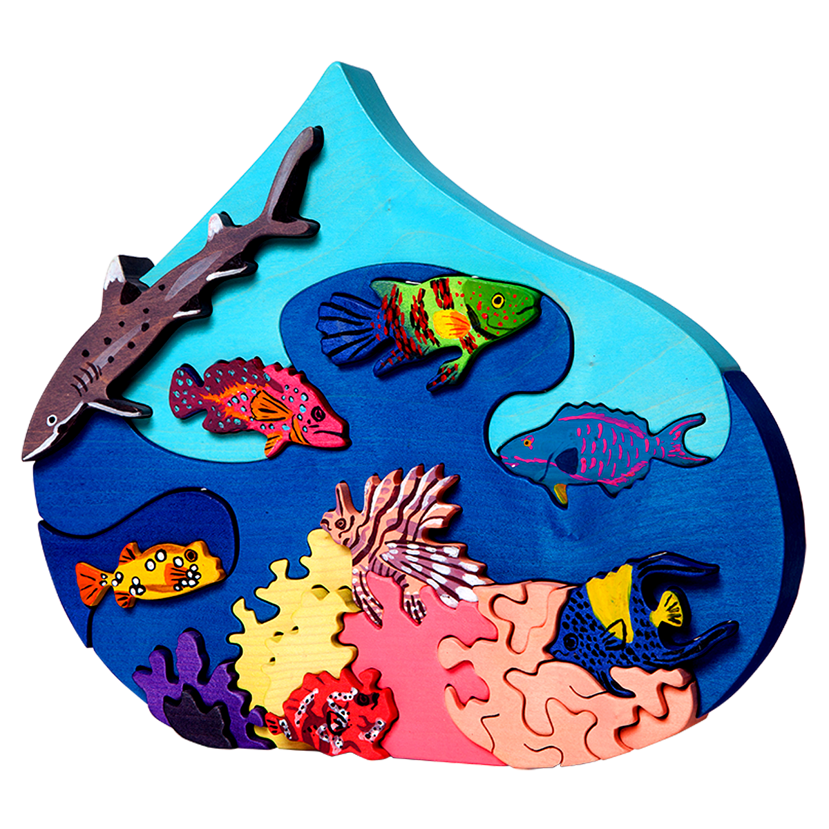 Colourful wooden toy  puzzle of the ocean with deep coral fishes, tiger fish, clown fish and a shark!