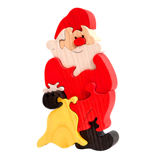 A puzzle of a jolly Santa claus for Christmas- in red robes and carrying a bag of goodies.
