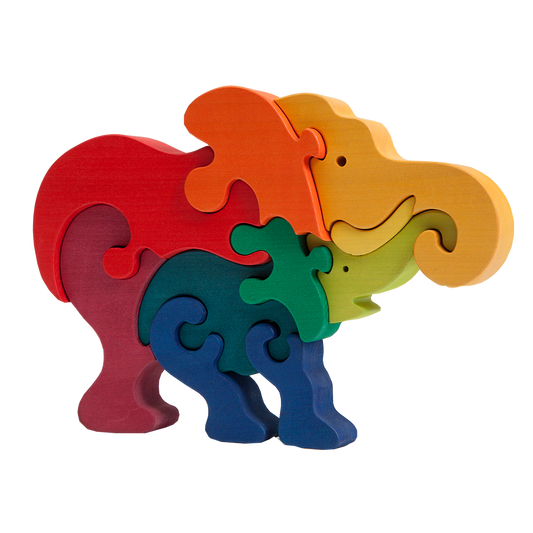 Colourful father and child elephant puzzle made of wood