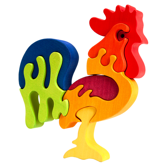 wooden toy rooster puzzle in rainbow colourss
