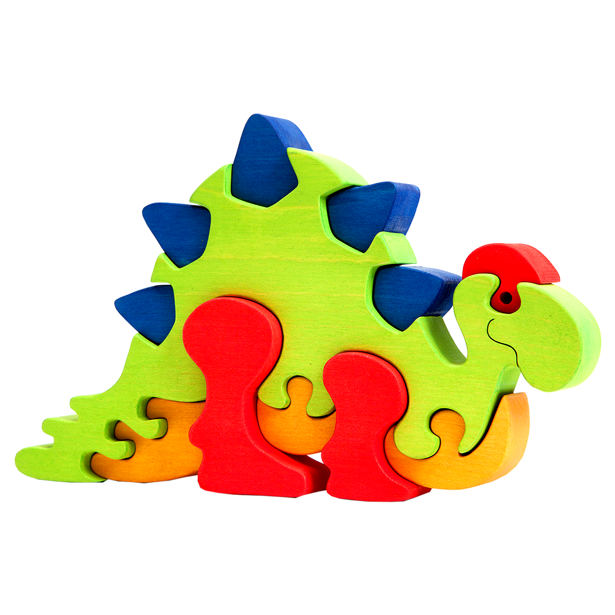 Dinosaur puzzle in the form of wooden stegosaurus in delightful colours