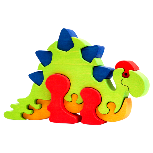 Dinosaur puzzle in the form of wooden stegosaurus in delightful colours