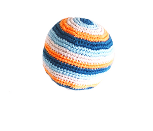 blue and orange stripey ball rattle, hand knitted by Pebblechild