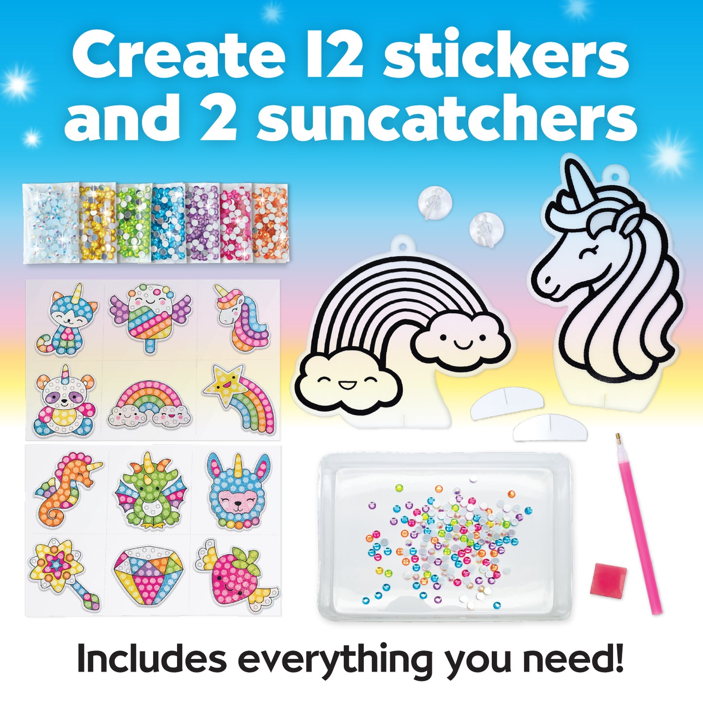 Create 12 stickers and 2 suncatchers using this diamond painting kit from faber castell, includes everything needed!