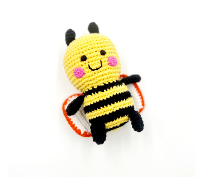 yellow striped bumble bee soft toy with rattle