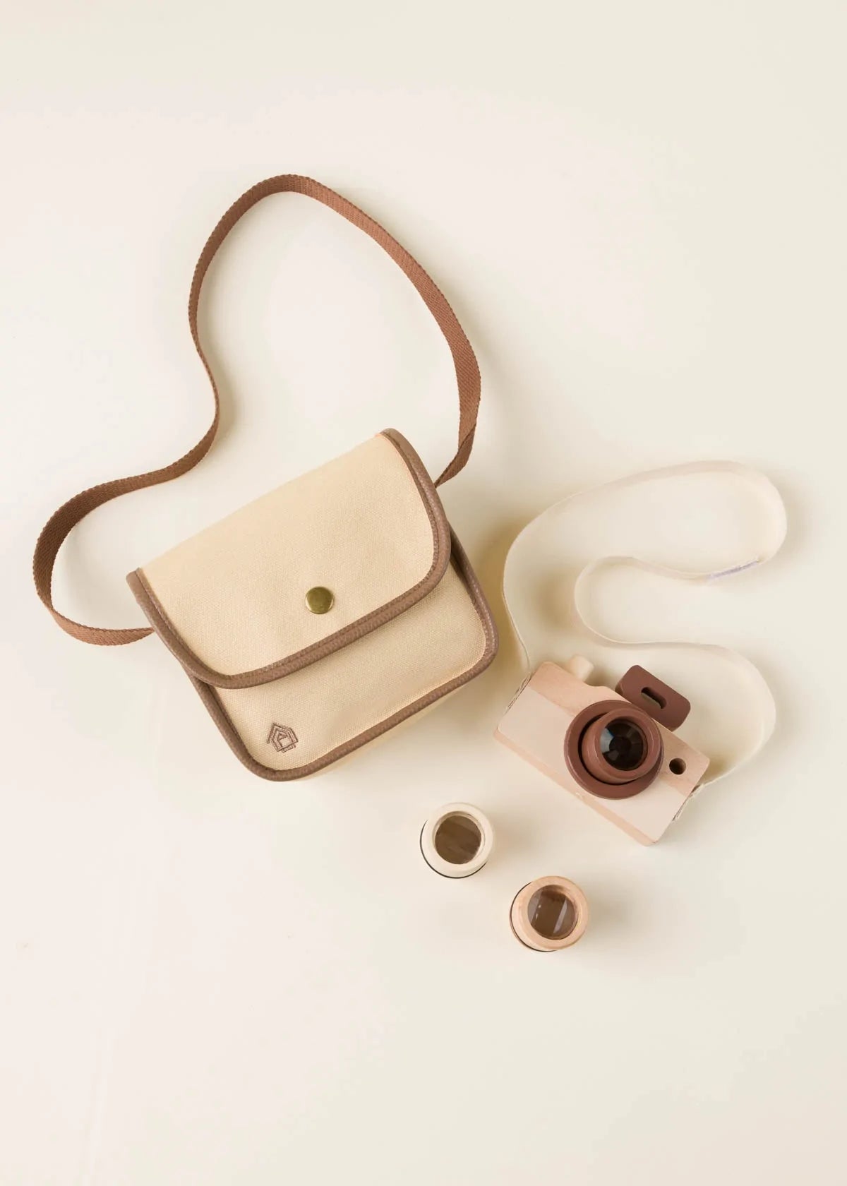 Wooden toy camera and bag with sleek design, from cocovillage