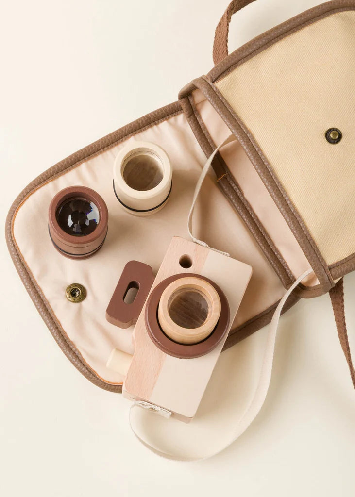 Wooden toy camera and bag with spare lens