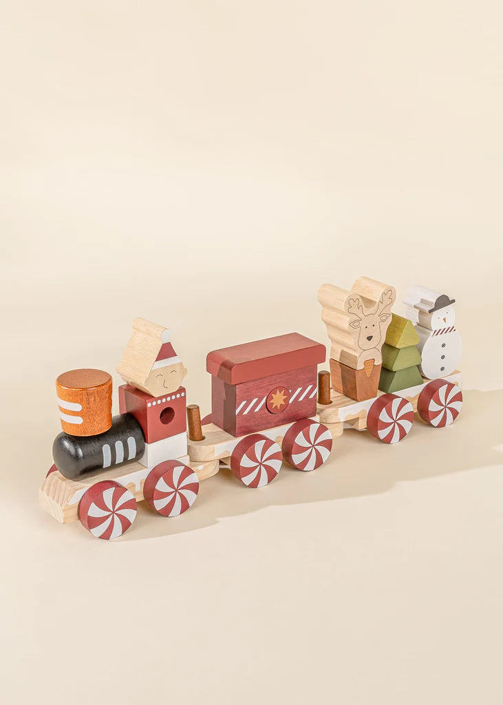 Wooden stacking train, christmas and winter theme with red candy like wheels and santa