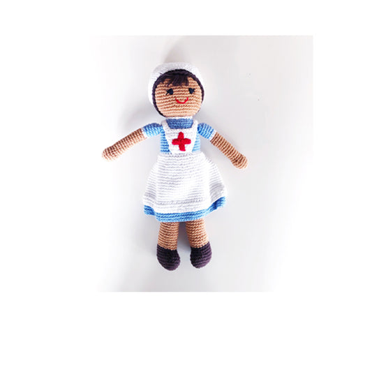 Hand-knitted nurse doll in stereotypical gown from Pebblechild
