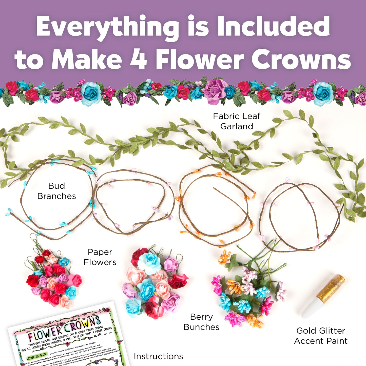 faber castell flower crown kit- consist of fabric leaf garland, paper flowers, bud branches, gold glitter and instructions