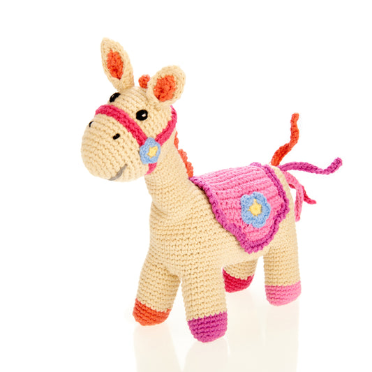Horse soft toy in beige and pink mount and pink tail, hand knitted from Pebblechild