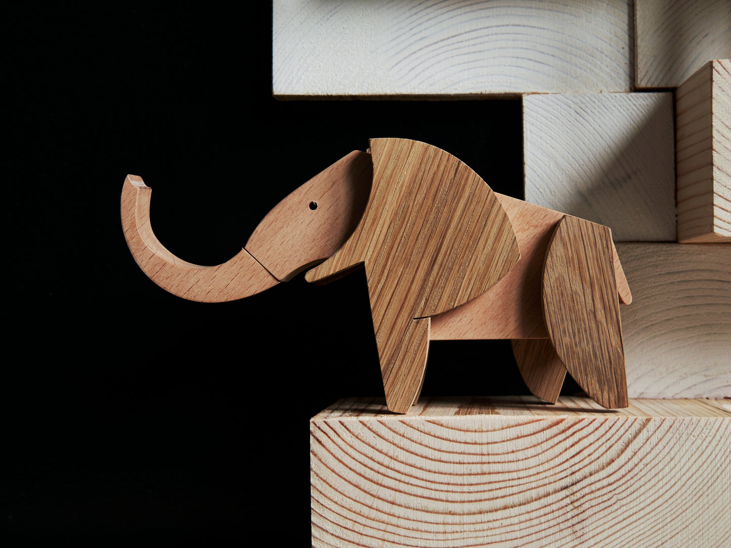magnetic wooden toy elephant for kids and adults- against a dark background