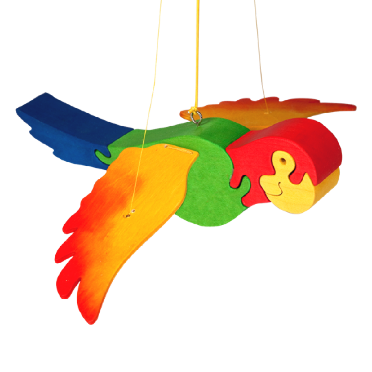 Colourful flying parrot toy to hang on top of a crib for babies
