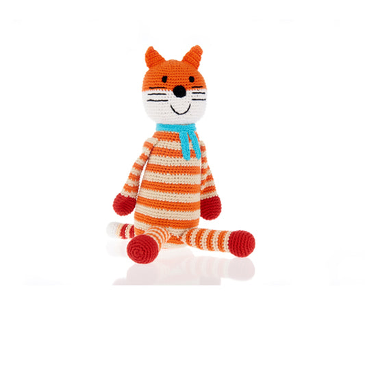 Orange striped hand knitted fox soft toy from Pebblechild