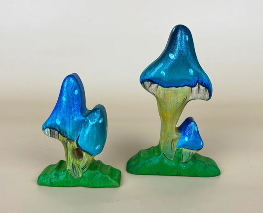 2 piece wooden mushroom toy in magical luminous blue
