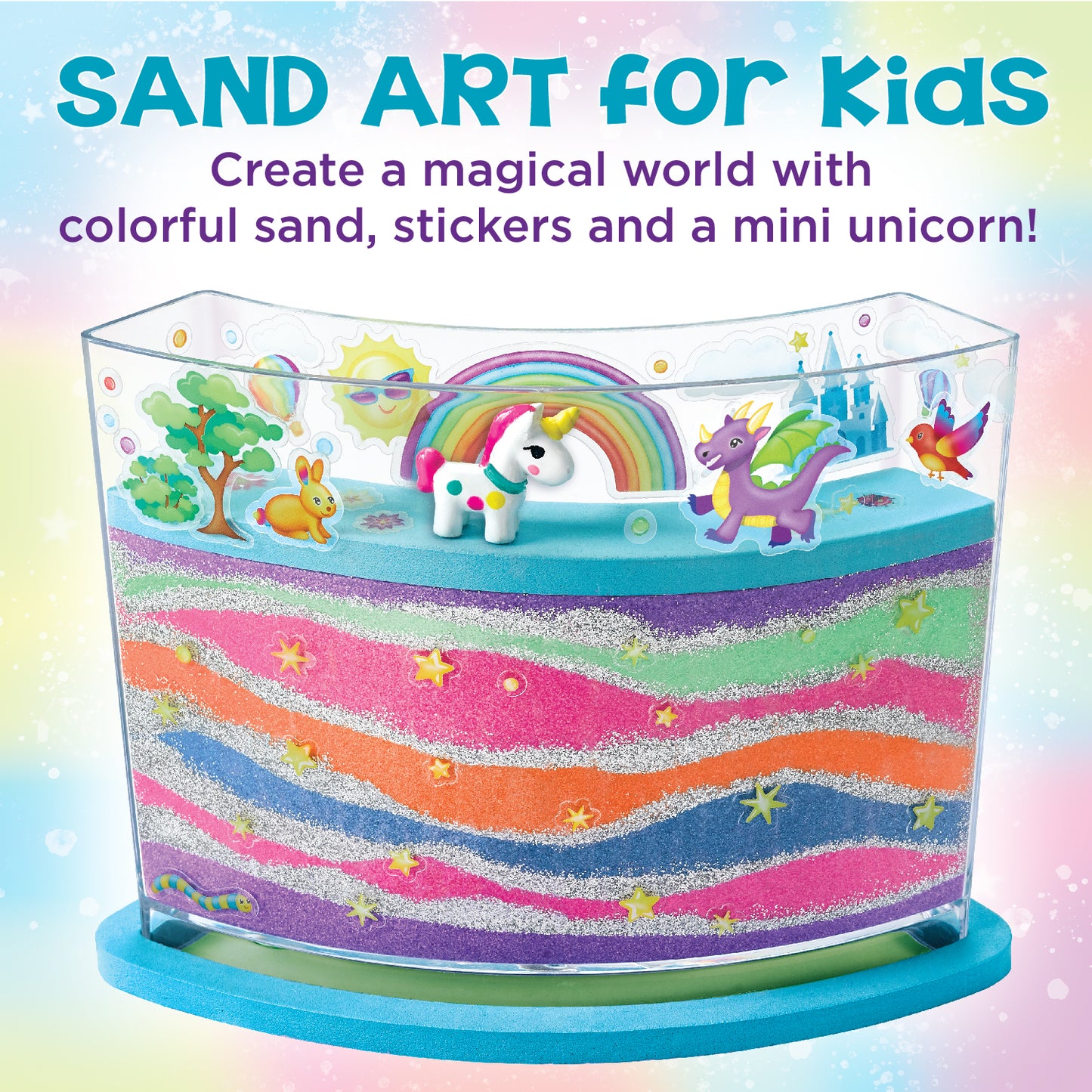 sand art for kids by faber castell- create a magical world with colourful sand and a mini unicorn