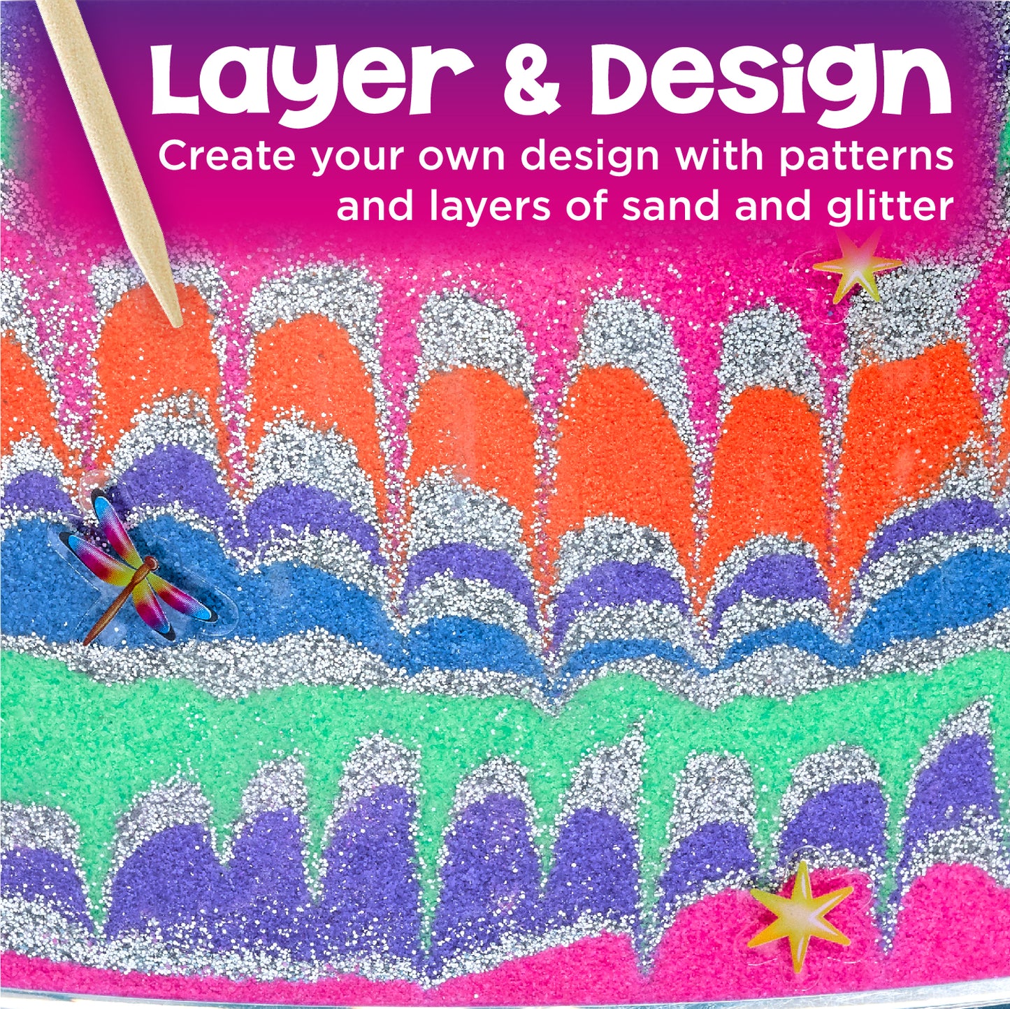 layer and design sand art- create your own design with patterns of sand and glitter.
