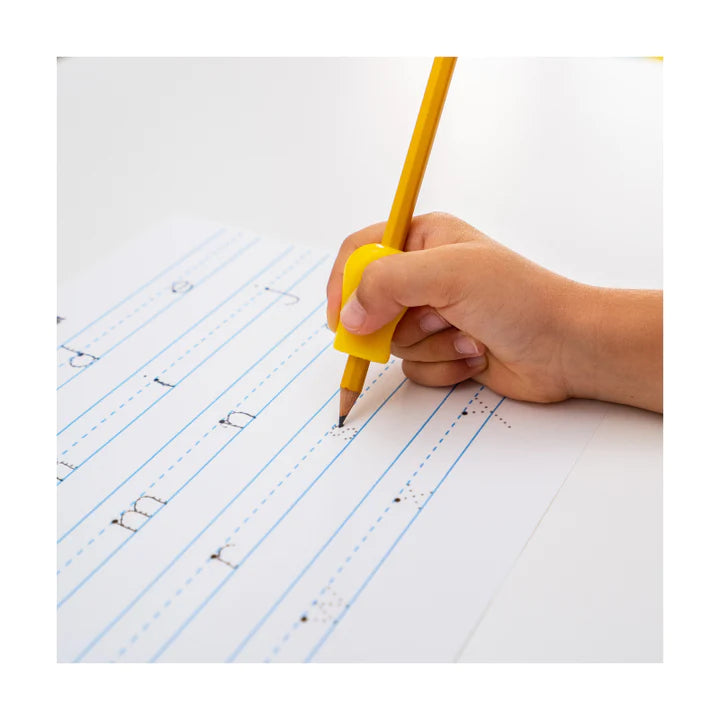 Yellow writing aid fitted on a pencil