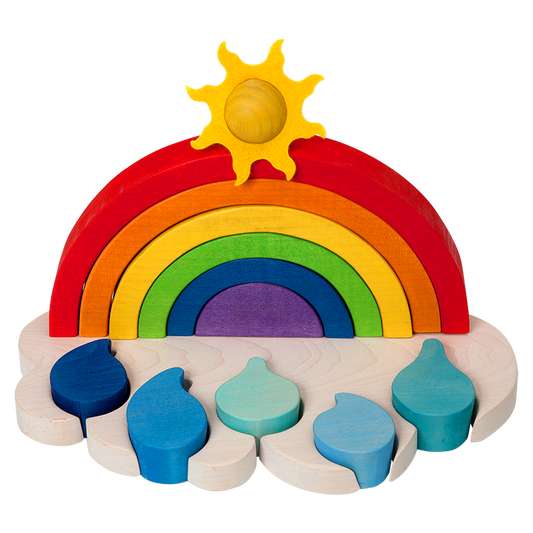 Wooden rainbow stacking toy with raindrops and sunshine