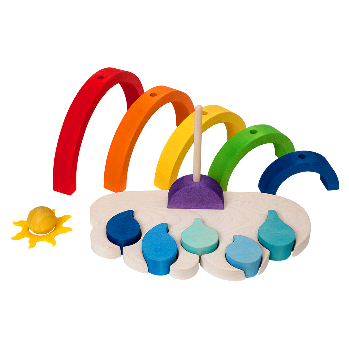 open-ended wooden toy rainbow with sun and raindrops