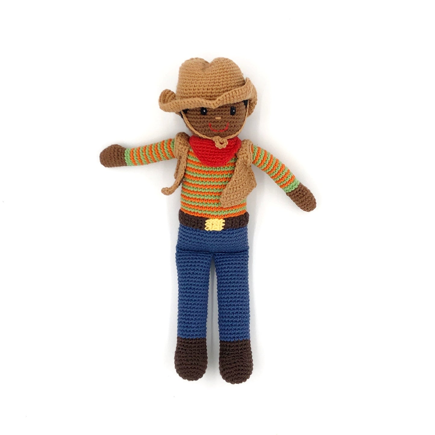 Cowboy doll with brown jacket, blue jeans and brown hat