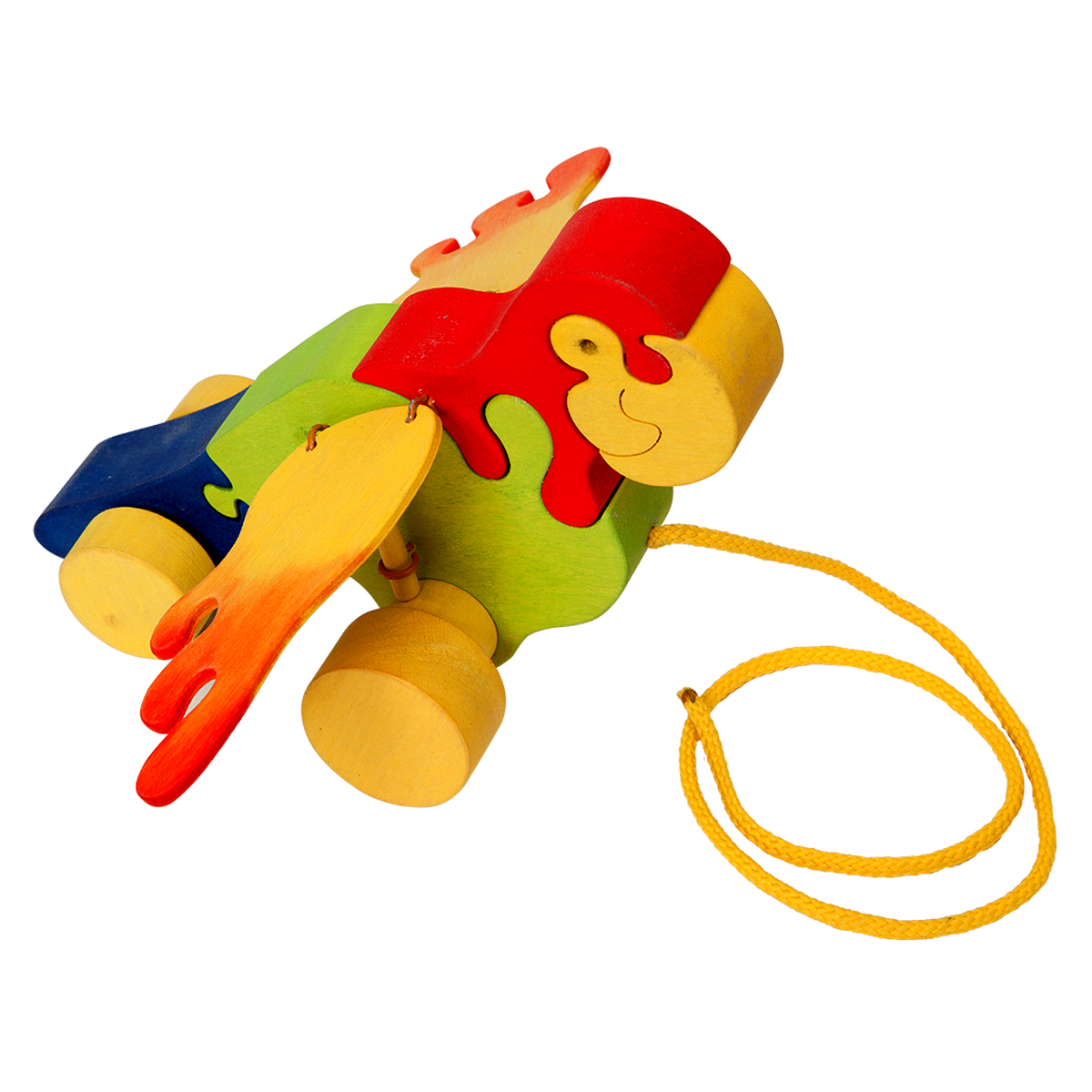 Wooden pull-along toy for toddlers: colourful parrot flapping its wings