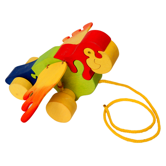 Wooden pull-along toy for toddlers: colourful parrot flapping its wings