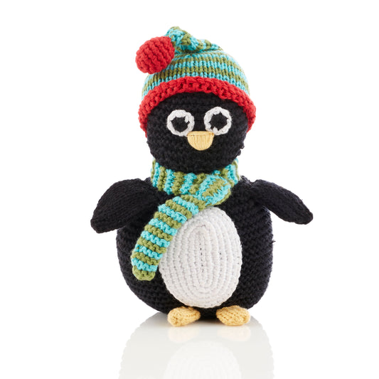 Penguin soft toy with scarf and snow hat, hand-knitted by Pebblechild