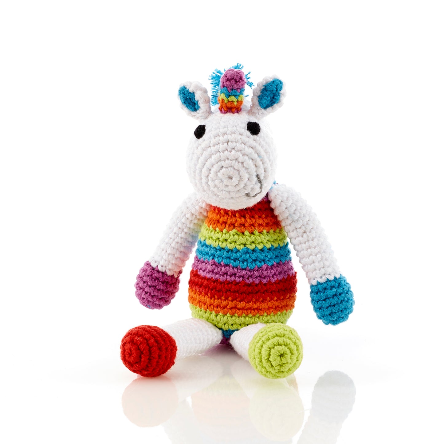 Rainbow coloured unicorn baby toy rattle from Pebblechild