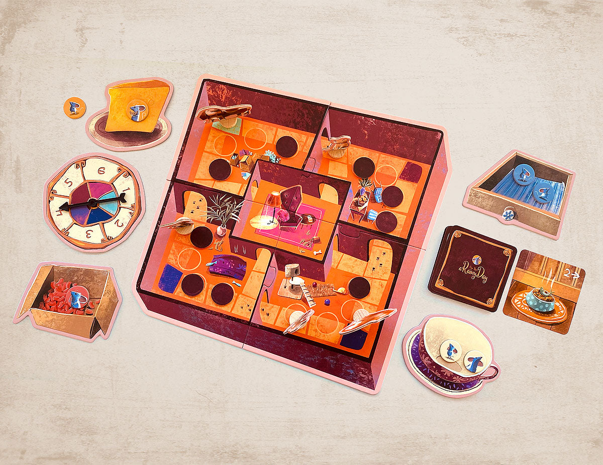 Rainy Day game board with spinning wheel and cards
