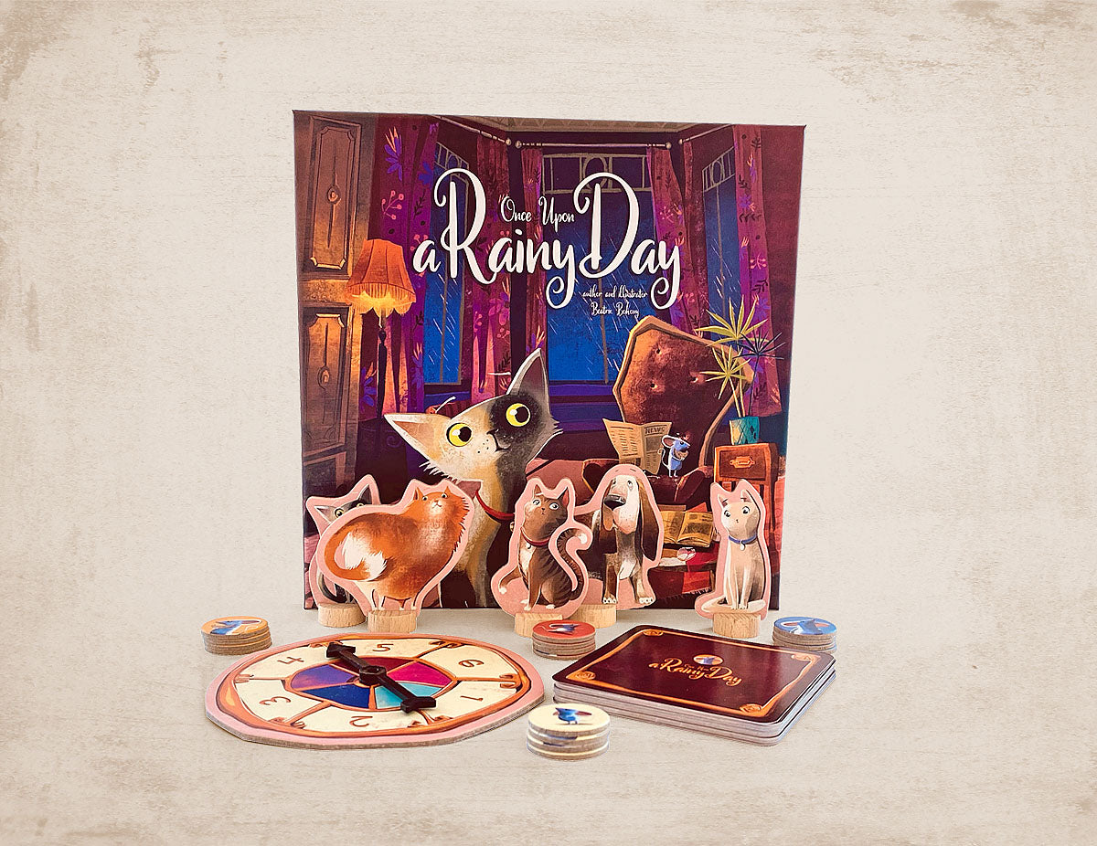 Rainy day: board game for children with cover featuring cats, dogs and other contents