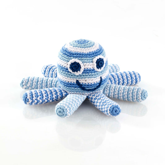 pale blue striped octopus soft toy, hand knitted by Pebblechild