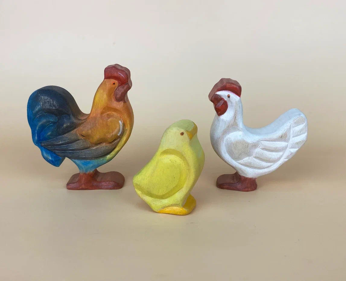 Wooden chicken toy set with colourful rooster, yellow chick and white hen