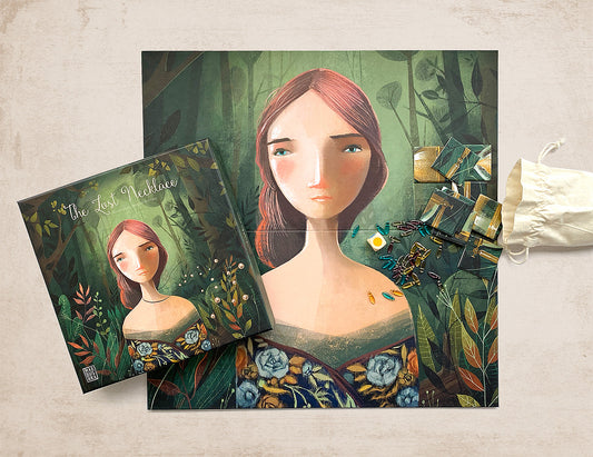 The lost necklace board game cover featuringt a princess without a necklace, lost amid the woods