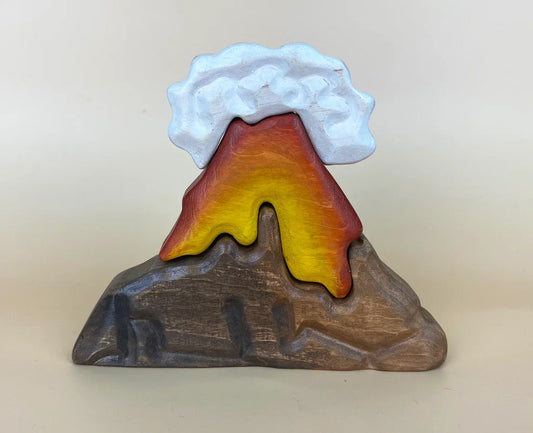 wooden volcano toy with lava and white smoke