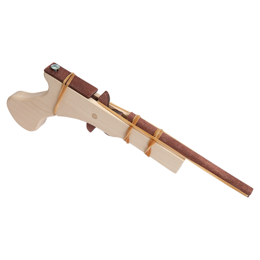 wooden toy pistol with long brown barrel, made of natural wood 